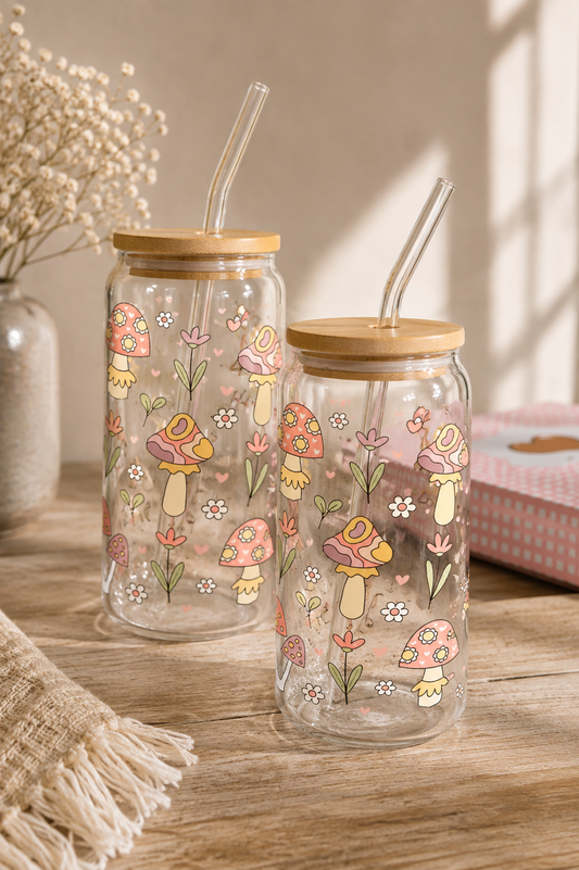 Vaso de Cristal Ilustrado · Setas, Flores y Hierbas con Tapa Bambú