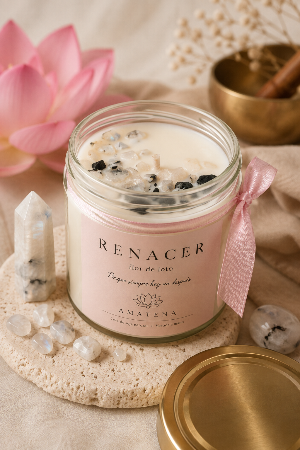 Vela Renacer · Aroma Flor de Loto y Chips de Piedra Luna