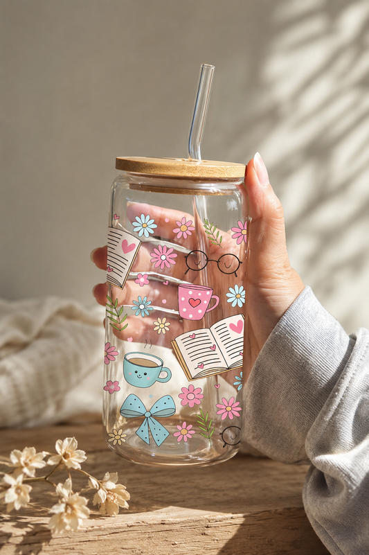 Vaso de Cristal Ilustrado con Flores, Libros y Gafas con Tapa Bambú