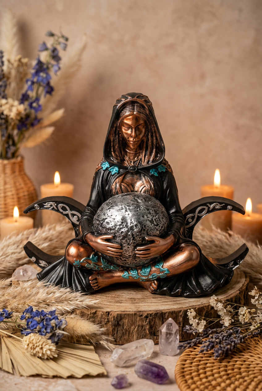 Figura Diosa Triple Luna Sentada · Encapuchada · Resina