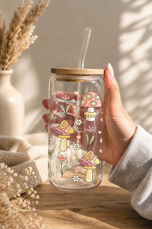 Vaso de Cristal Ilustrado · Setas, Flores y Hierbas con Tapa Bambú
