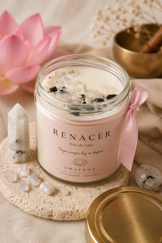 Vela Renacer · Aroma Flor de Loto y Chips de Piedra Luna
