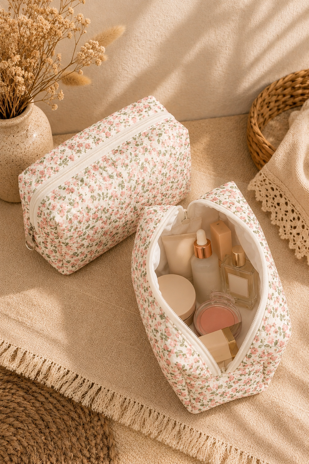 Neceser Acolchado Floral Rosa