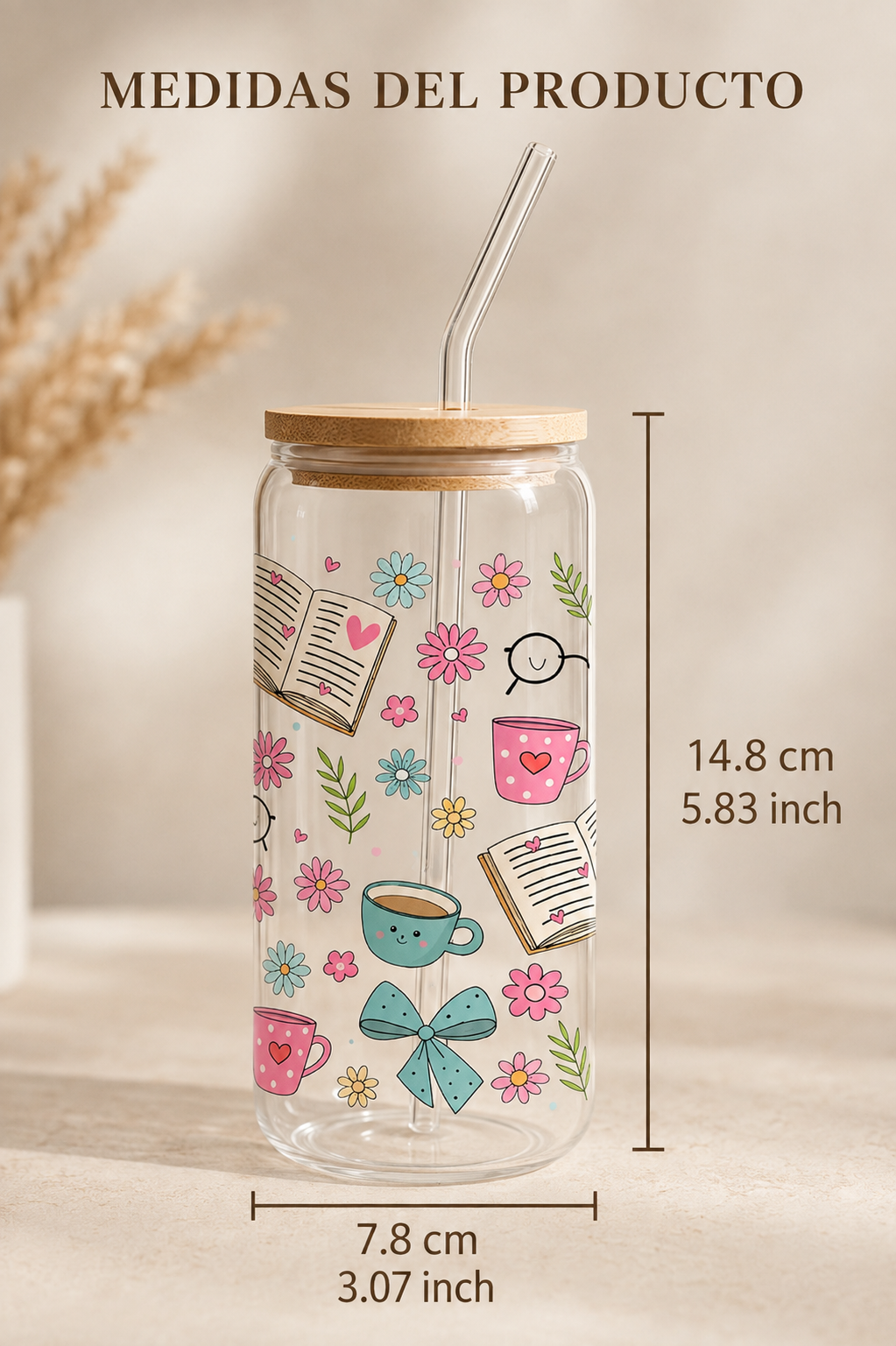 Vaso de Cristal Ilustrado con Flores, Libros y Gafas con Tapa Bambú