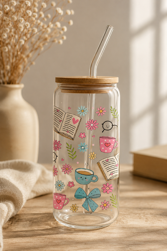 Vaso de Cristal Ilustrado con Flores, Libros y Gafas con Tapa Bambú
