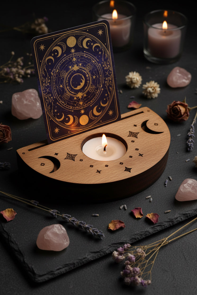 Altar de Madera Luna Creciente · Portavelas y Ranura para Tarot
