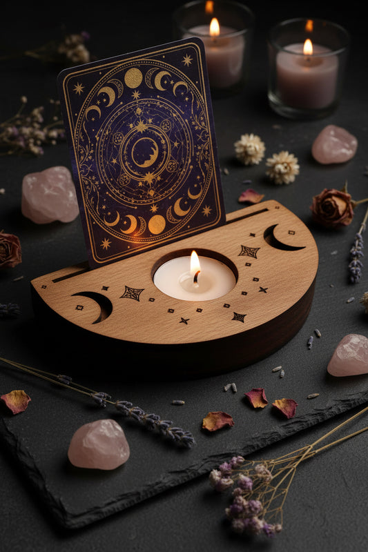 Altar de Madera Luna Creciente · Portavelas y Ranura para Tarot