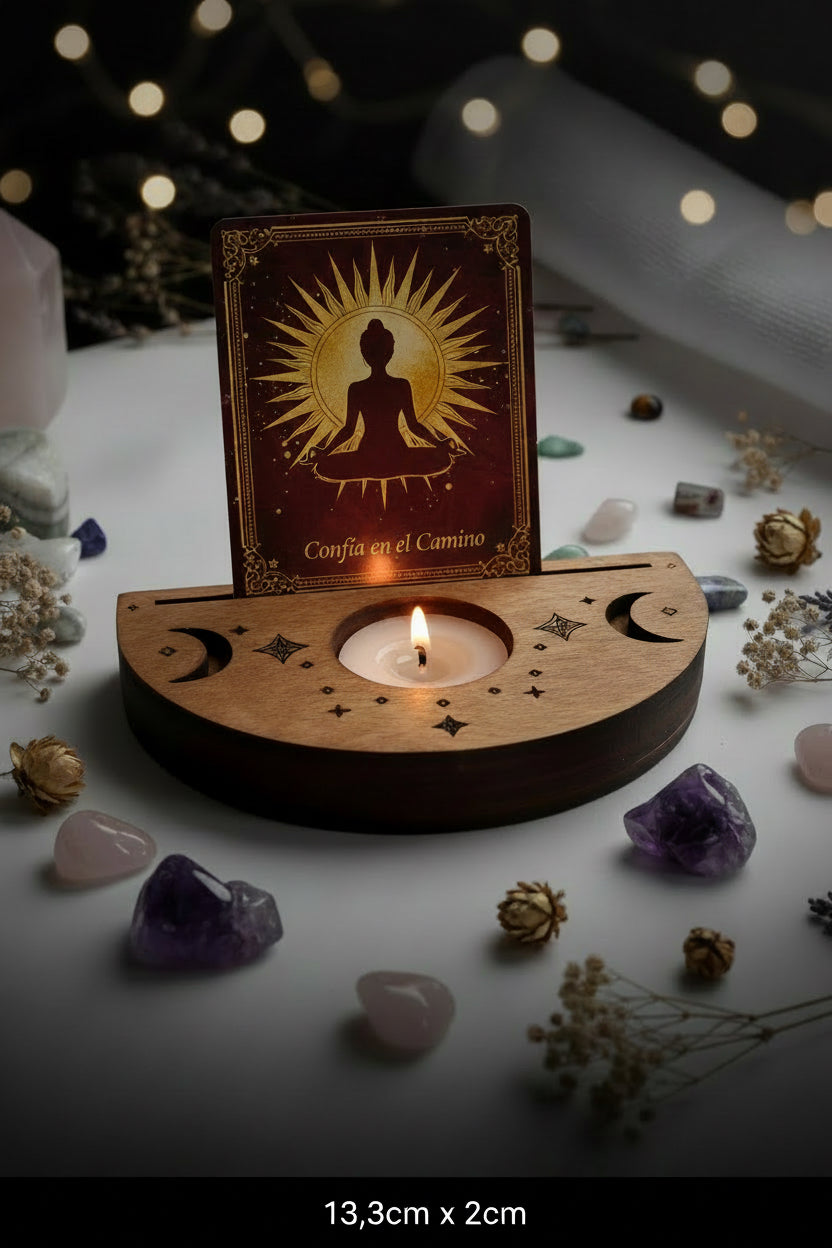 Altar de Madera Luna Creciente · Portavelas y Ranura para Tarot