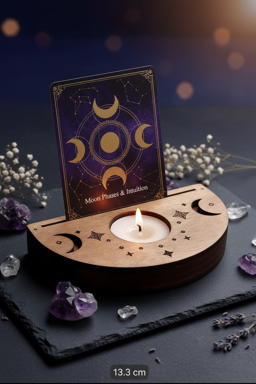 Altar de Madera Luna Creciente · Portavelas y Ranura para Tarot