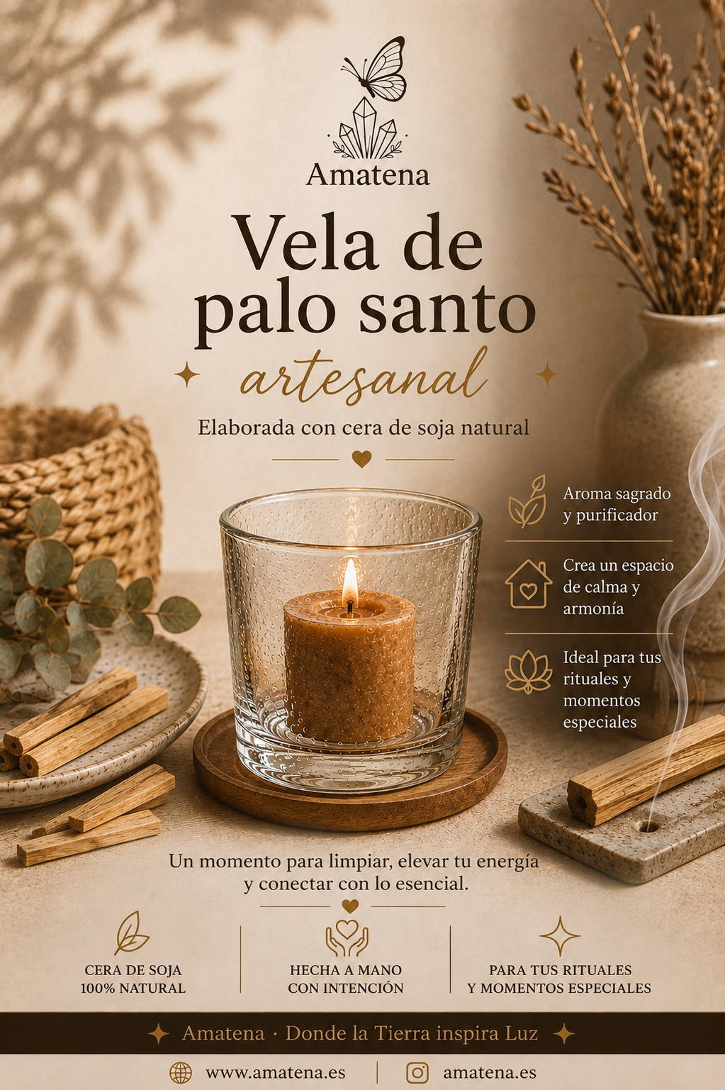 Vela Artesanal con Intención · Canela, Ruda, Miel y Palo Santo · 4 Variedades