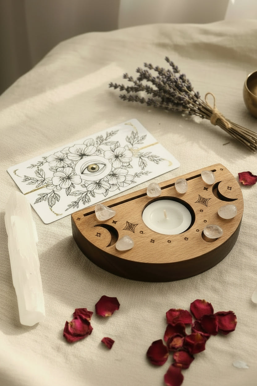 Altar de Madera Luna Creciente · Portavelas y Ranura para Tarot