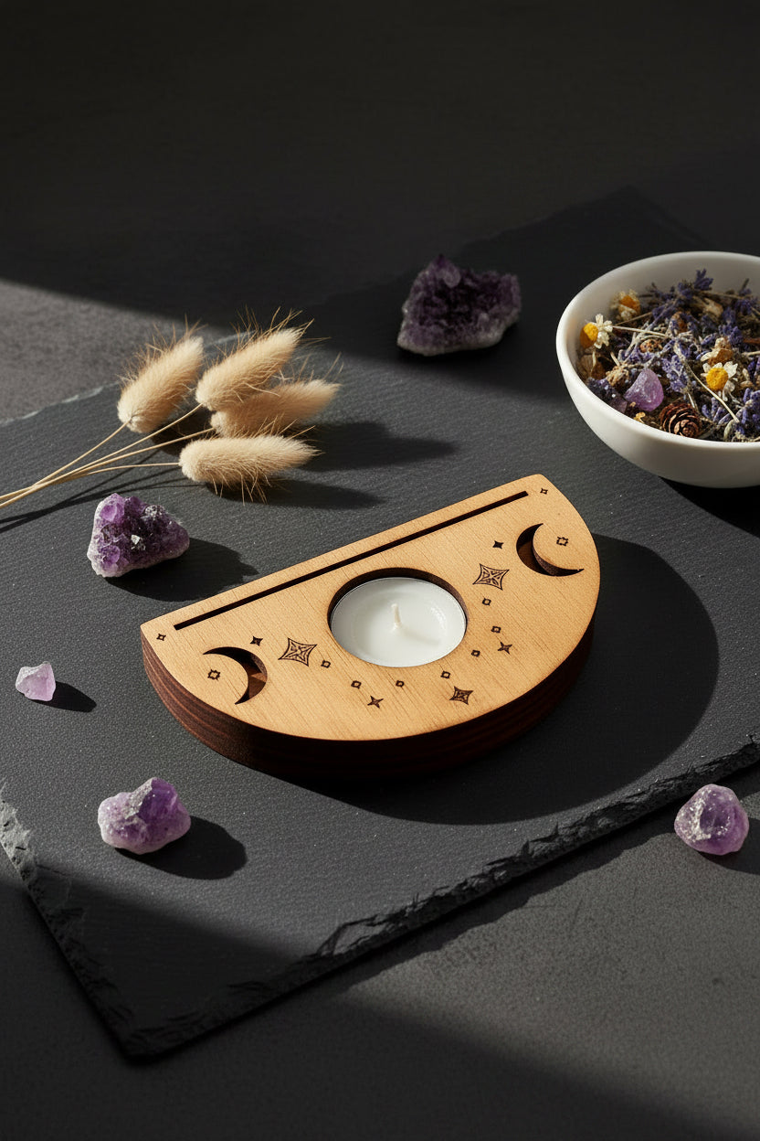 Altar de Madera Luna Creciente · Portavelas y Ranura para Tarot