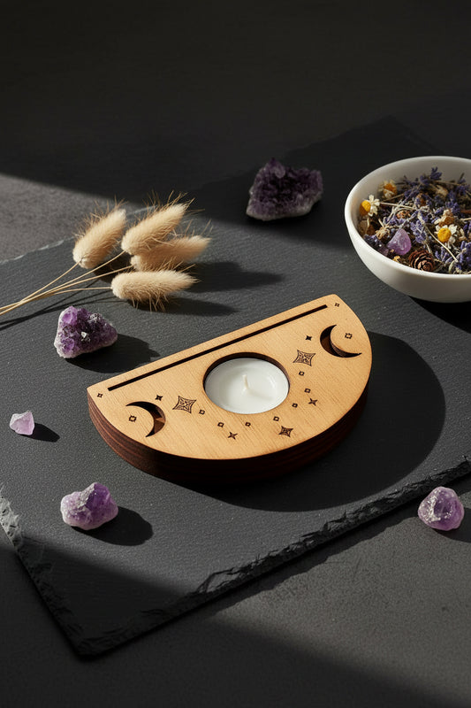 Altar de Madera Luna Creciente · Portavelas y Ranura para Tarot