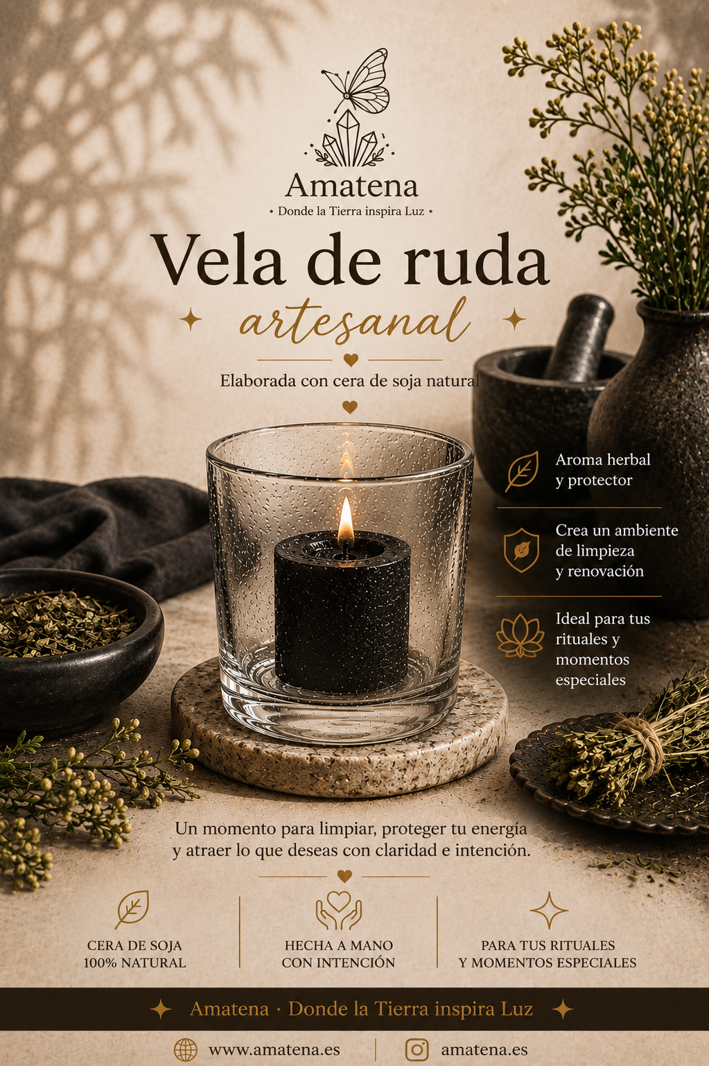 Vela Artesanal con Intención · Canela, Ruda, Miel y Palo Santo · 4 Variedades
