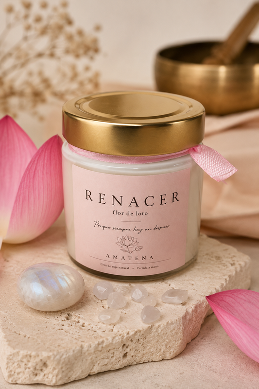 Vela Renacer · Aroma Flor de Loto y Chips de Piedra Luna
