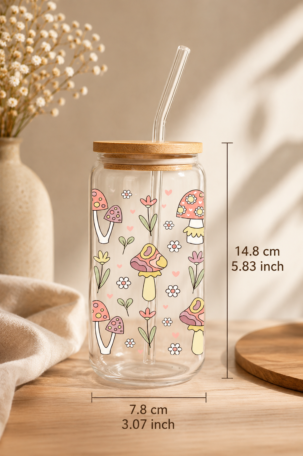 Vaso de Cristal Ilustrado · Setas, Flores y Hierbas con Tapa Bambú
