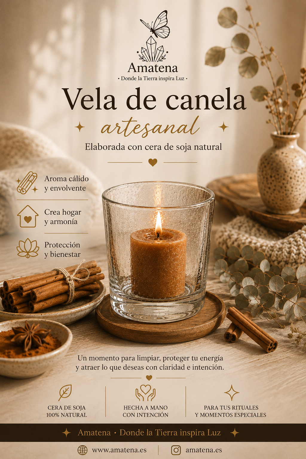 Vela Artesanal con Intención · Canela, Ruda, Miel y Palo Santo · 4 Variedades