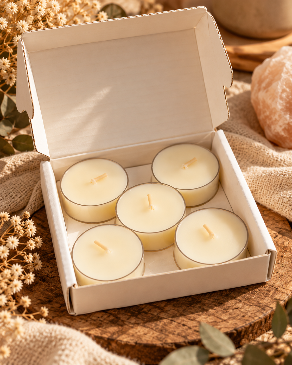 Velas de Té Artesanales sin Aroma · Pack de 5