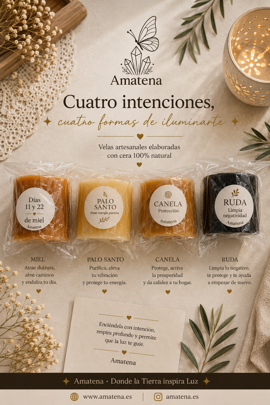 Vela Artesanal con Intención · Canela, Ruda, Miel y Palo Santo · 4 Variedades